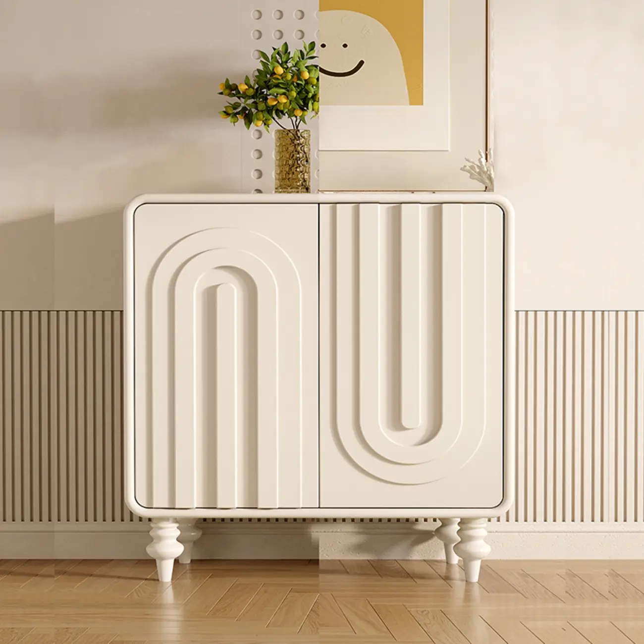 Entryway Wood 3-Door Carved Wave Shoe Cabinet Image - 7 | homeyfad