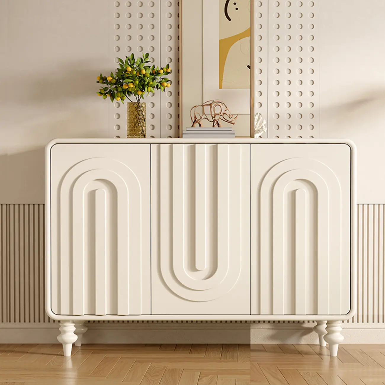 Entryway Wood 3-Door Carved Wave Shoe Cabinet Image - 9 | homeyfad