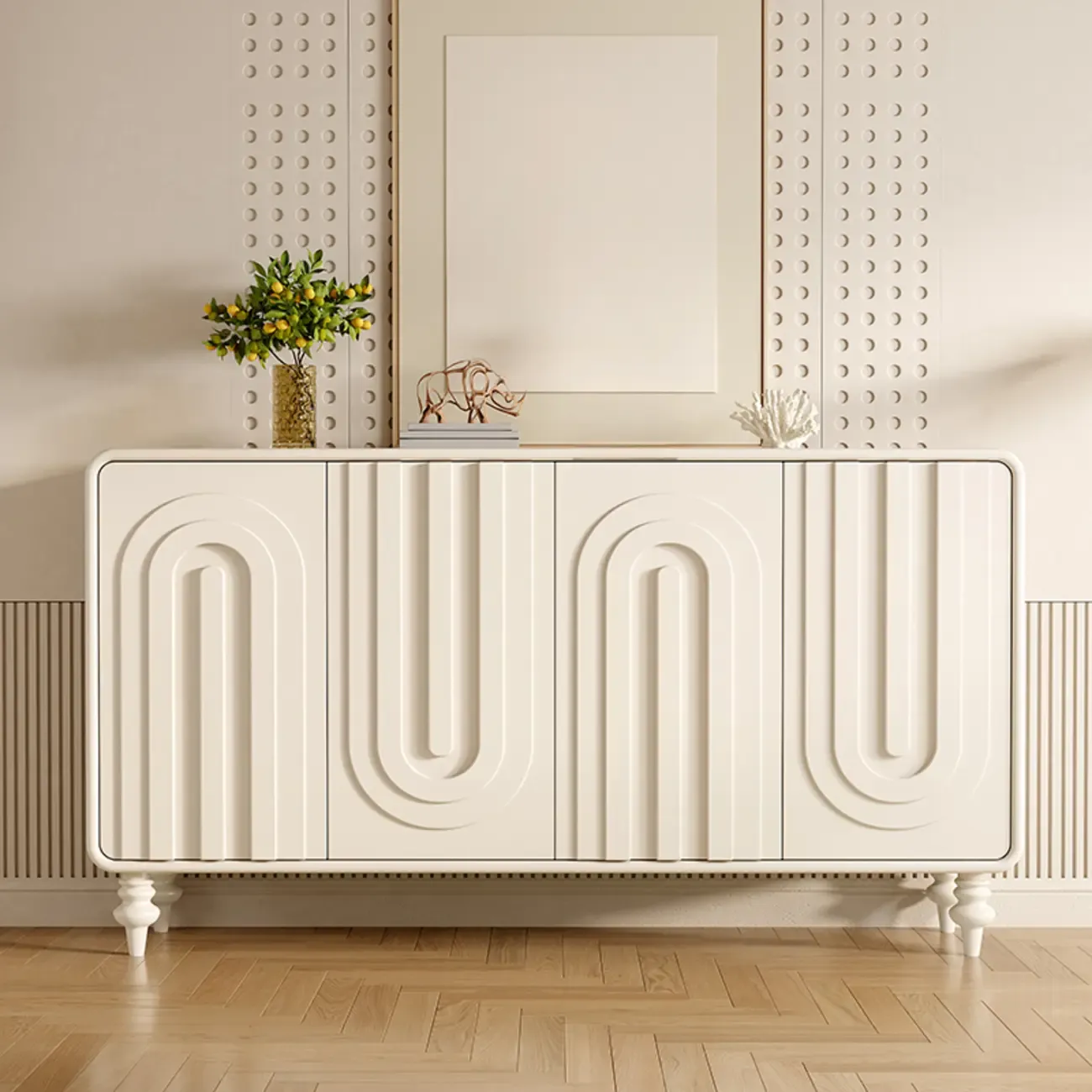 Entryway Wood 3-Door Carved Wave Shoe Cabinet Image - 11