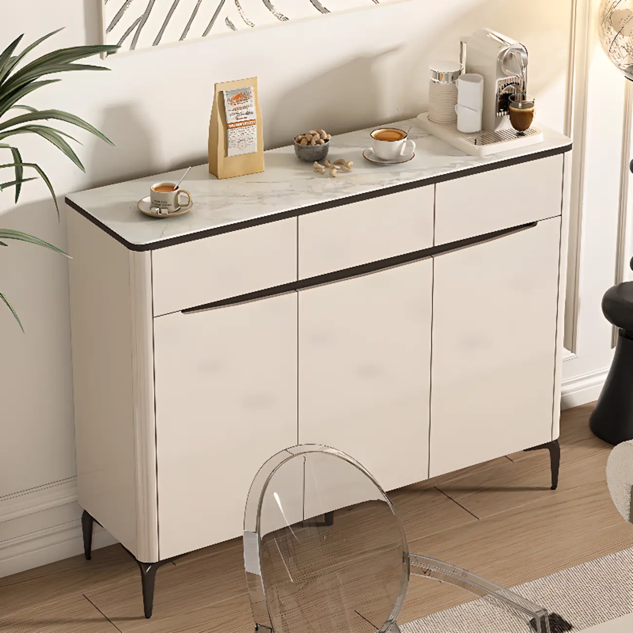 Khaki Wood Entryway Shoe Cabinet Marble Top Image - 1 | homeyfad