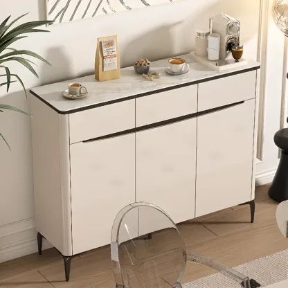 Khaki Wood Entryway Shoe Cabinet Marble Top Image - 1