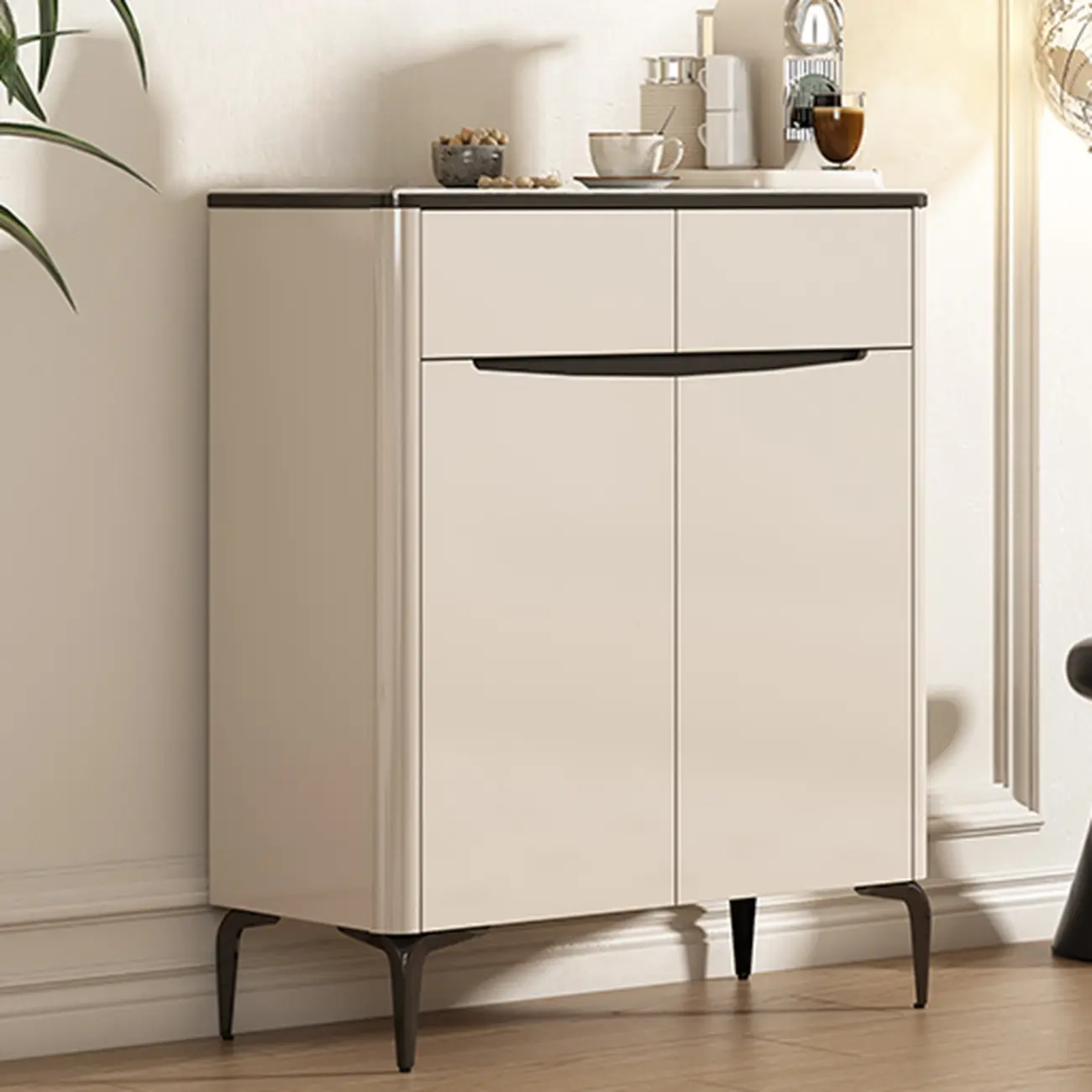 Khaki Wood Entryway Shoe Cabinet Marble Top Image - 2 | homeyfad