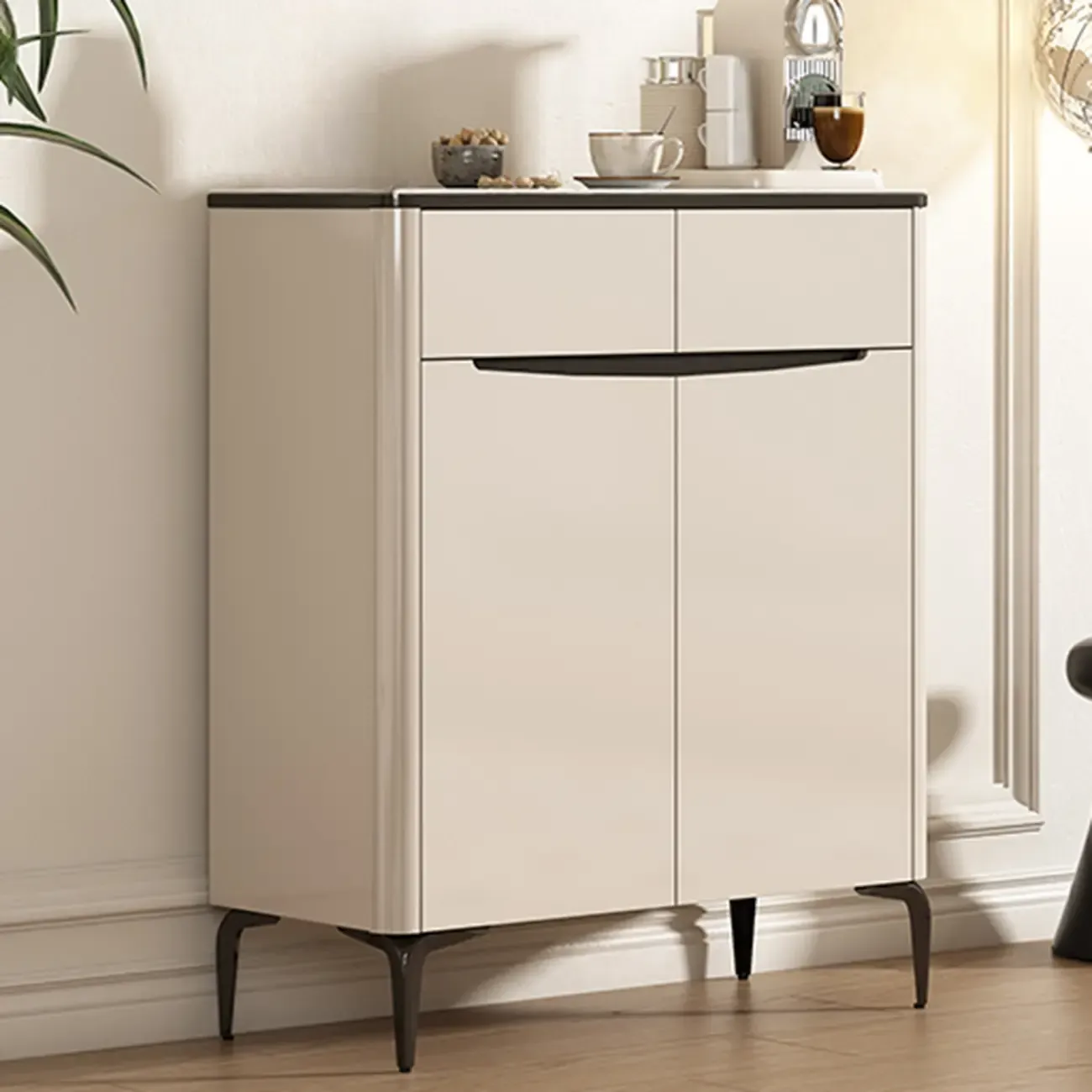 Khaki Wood Entryway Shoe Cabinet Marble Top Image - 2