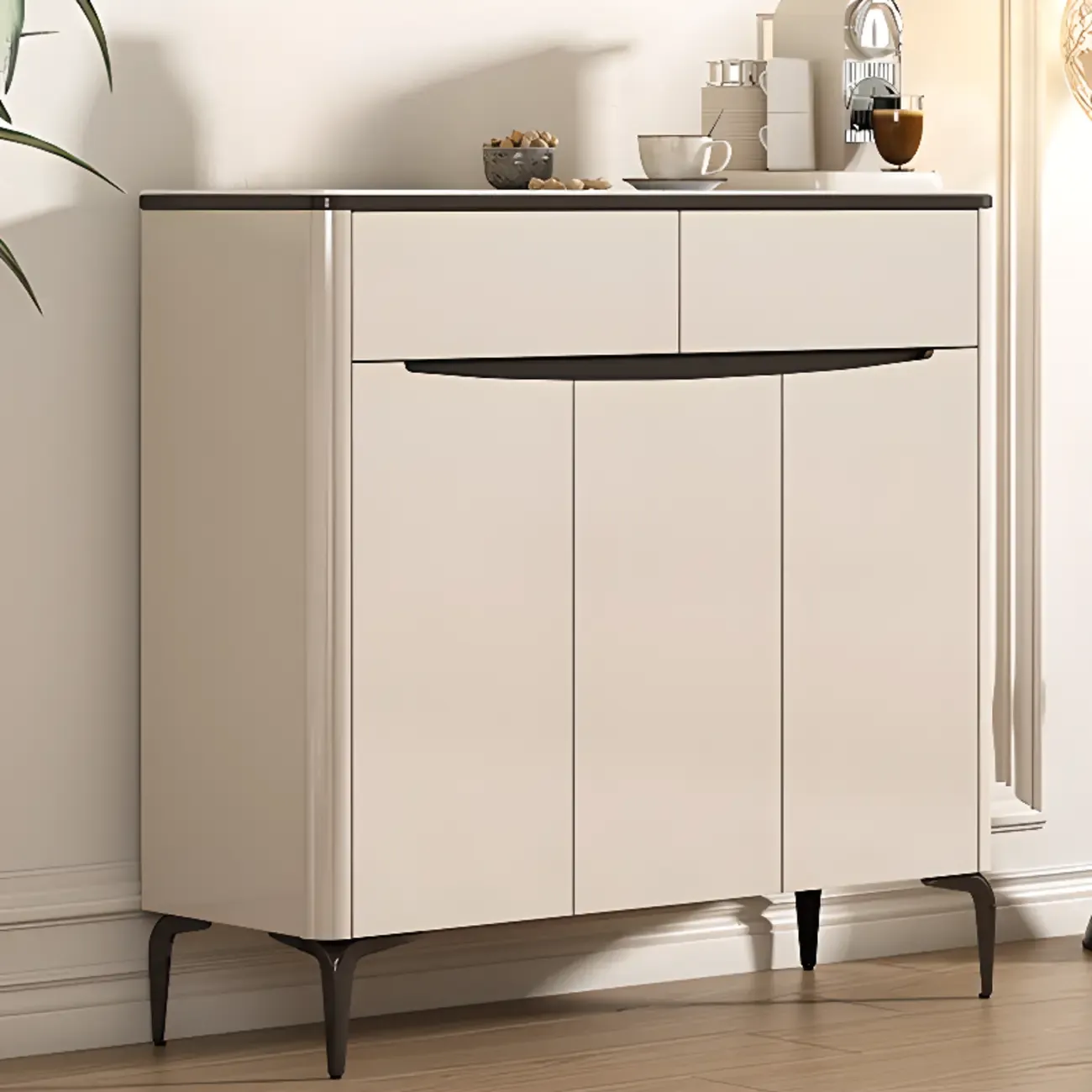 Khaki Wood Entryway Shoe Cabinet Marble Top Image - 3