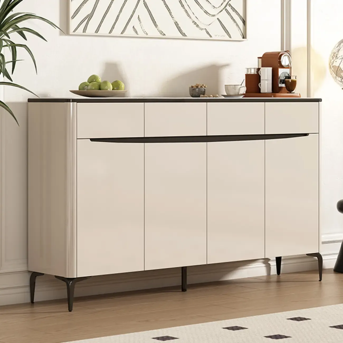 Khaki Wood Entryway Shoe Cabinet Marble Top Image - 4