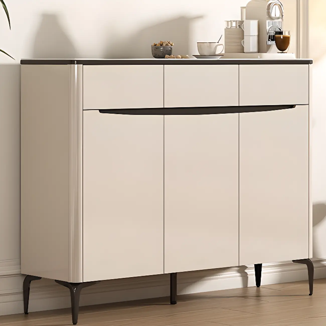 Khaki Wood Entryway Shoe Cabinet Marble Top Image - 5 | homeyfad