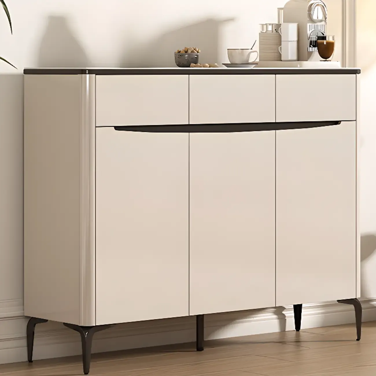 Khaki Wood Entryway Shoe Cabinet Marble Top Image - 5