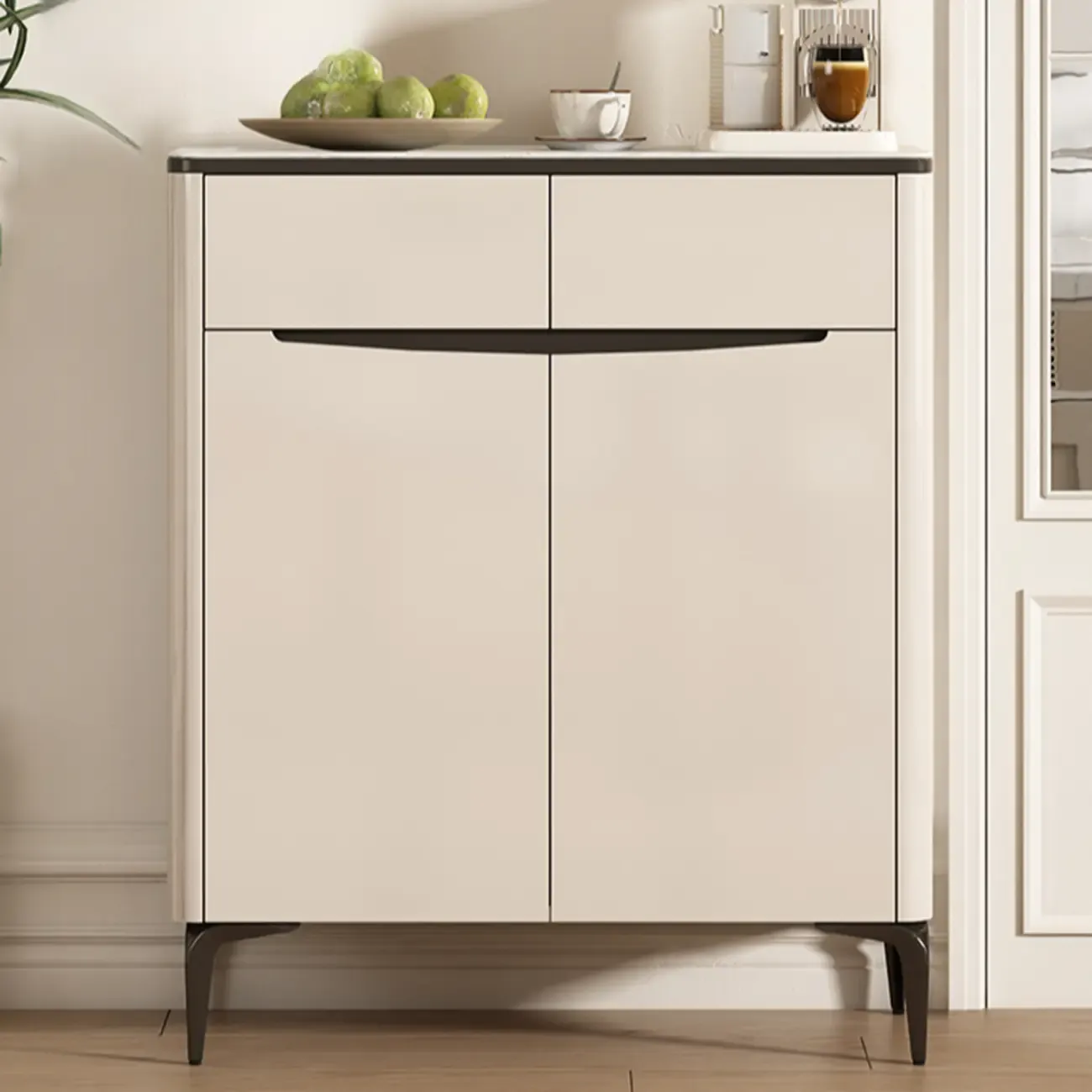 Khaki Wood Entryway Shoe Cabinet Marble Top Image - 6