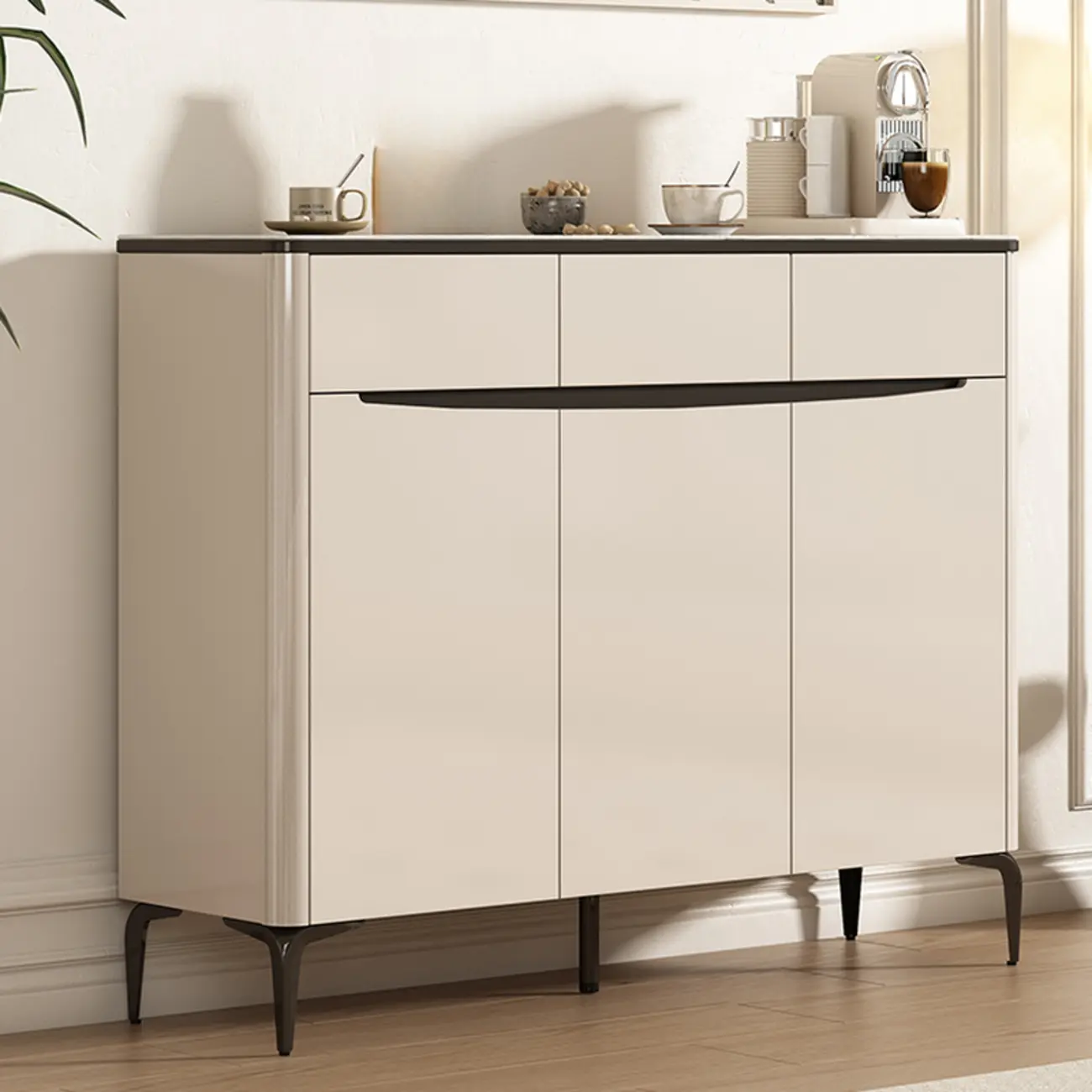 Khaki Wood Entryway Shoe Cabinet Marble Top Image - 8 | homeyfad