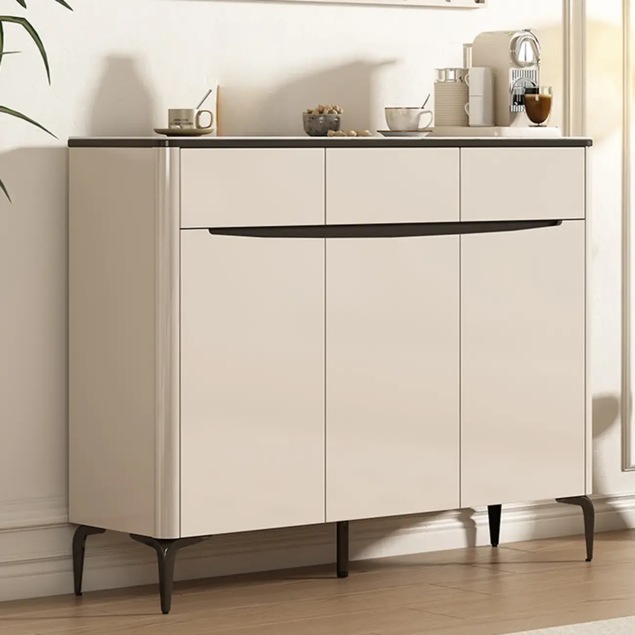 Khaki Wood Entryway Shoe Cabinet Marble Top Image - 8