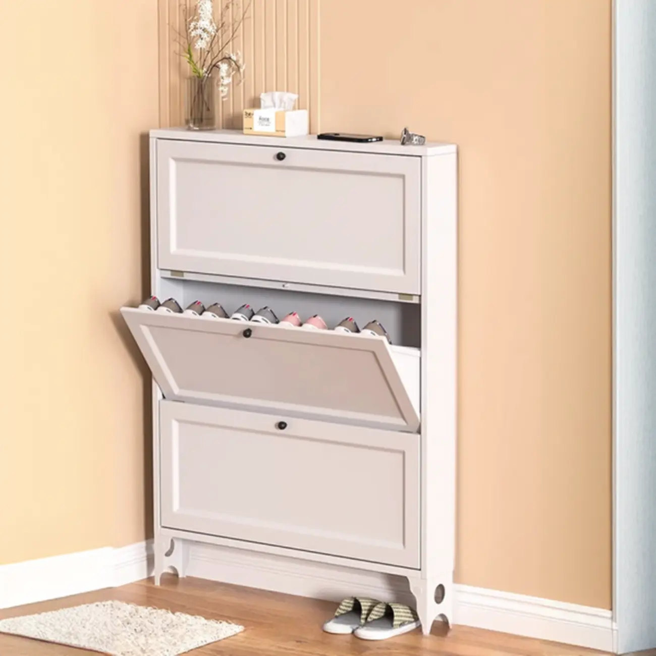 White Metal Shoe Cabinet Organizer Hidden Storage Image - 2 | homeyfad