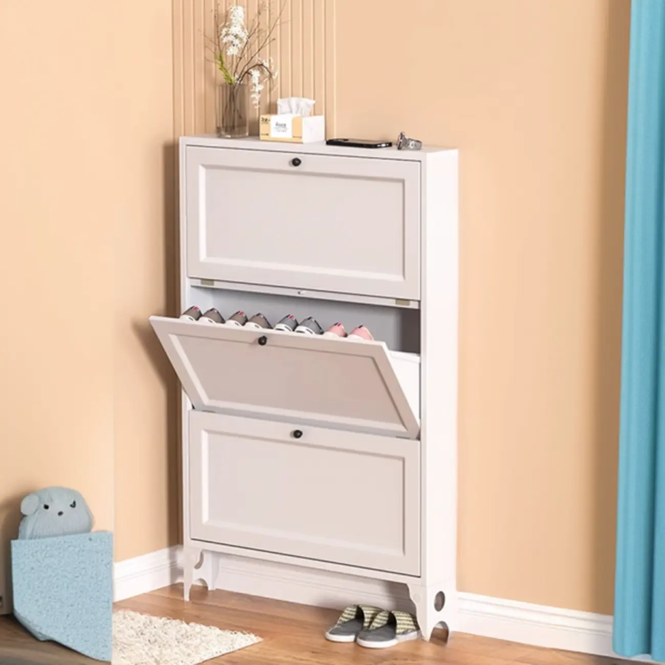 White Metal Shoe Cabinet Organizer Hidden Storage Image - 5 | homeyfad