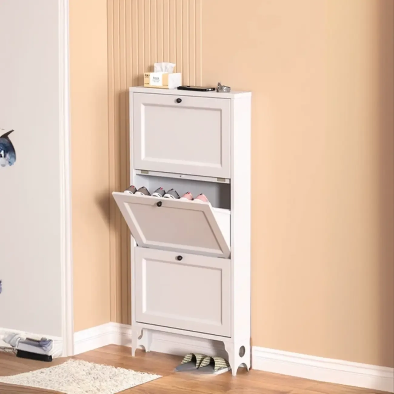 White Metal Shoe Cabinet Organizer Hidden Storage Image - 8