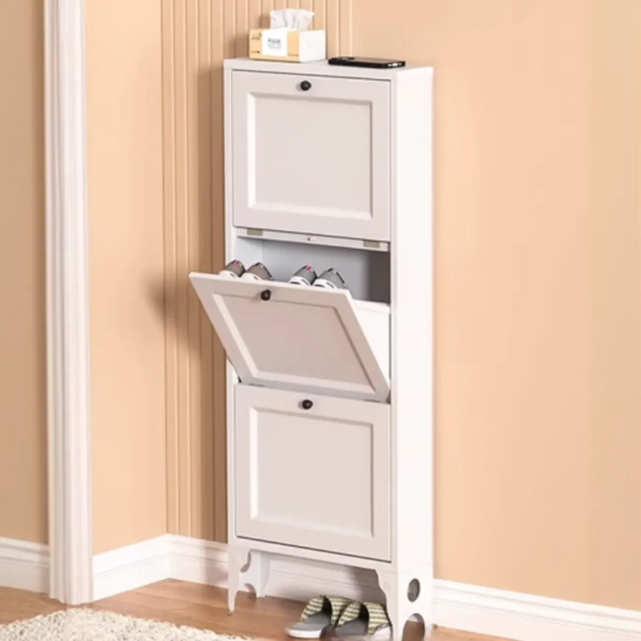 White Metal Shoe Cabinet Organizer Hidden Storage Image - 10