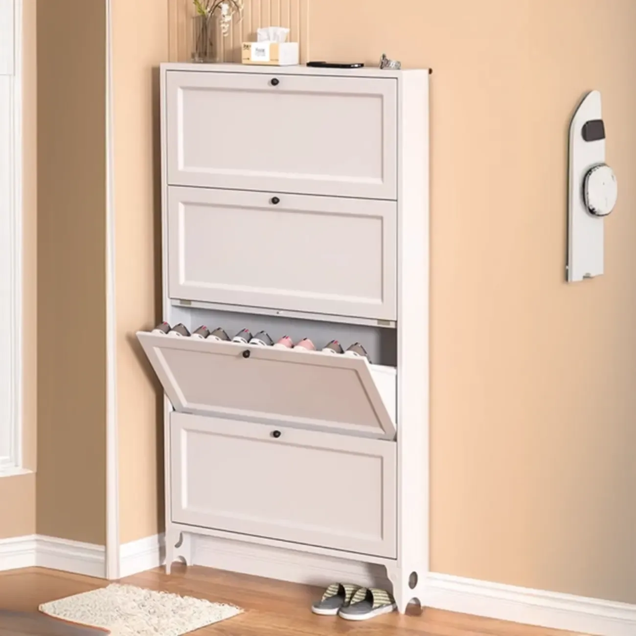 White Metal Shoe Cabinet Organizer Hidden Storage Image - 12