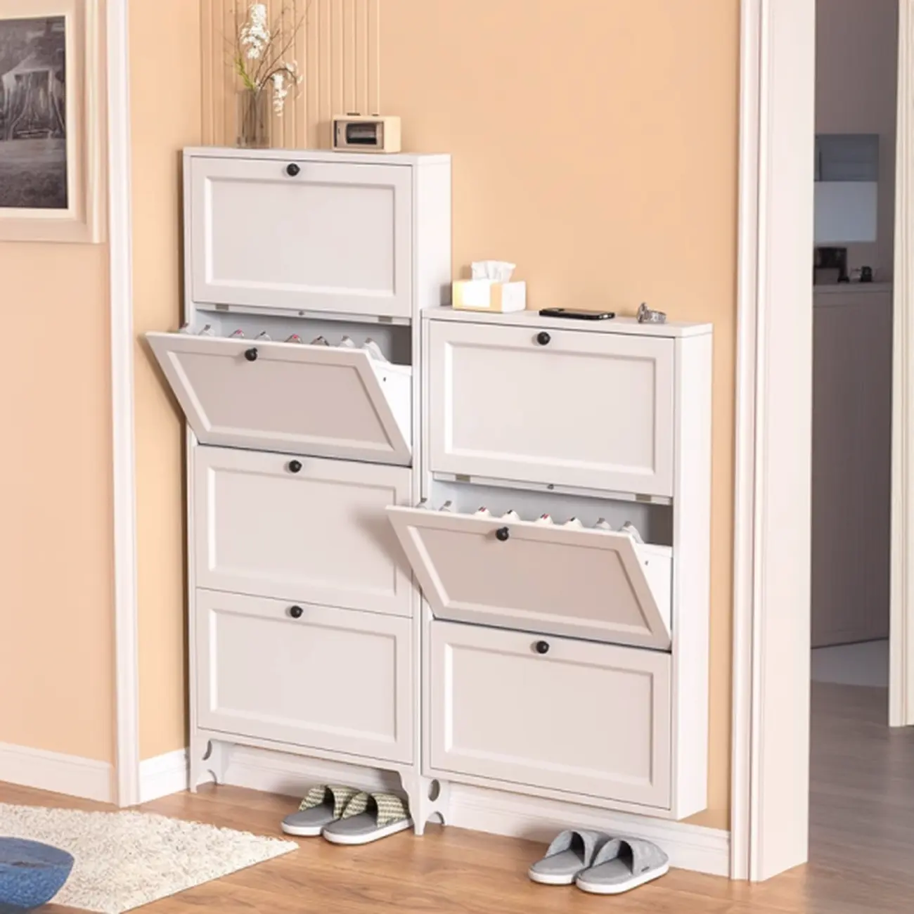 White Metal Shoe Cabinet Organizer Hidden Storage Image - 15 | homeyfad