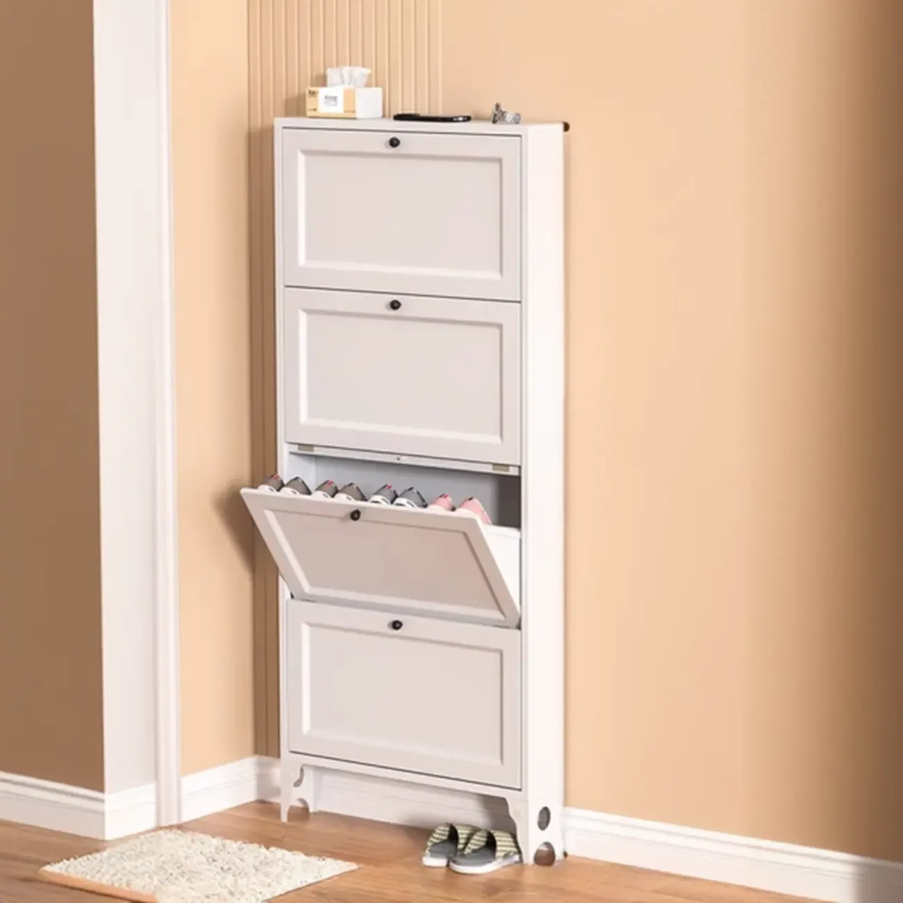 White Metal Shoe Cabinet Organizer Hidden Storage Image - 16