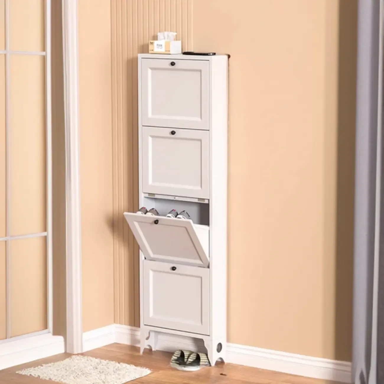 White Metal Shoe Cabinet Organizer Hidden Storage Image - 19