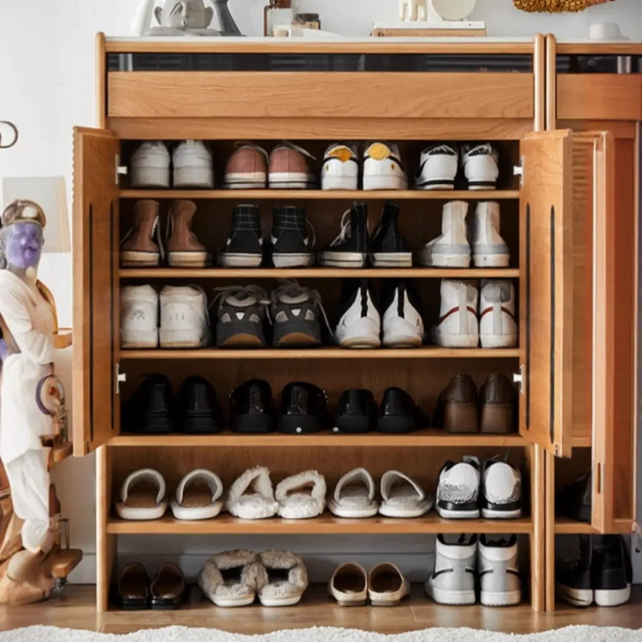 Entryway Cherry Solid Wood Shoe Organizer Cabinet Image - 2