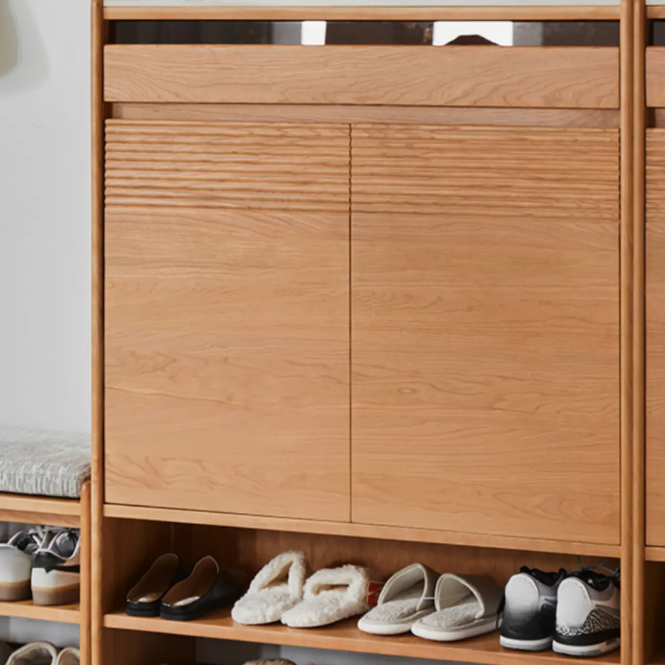 Entryway Cherry Solid Wood Shoe Organizer Cabinet Image - 5 | homeyfad