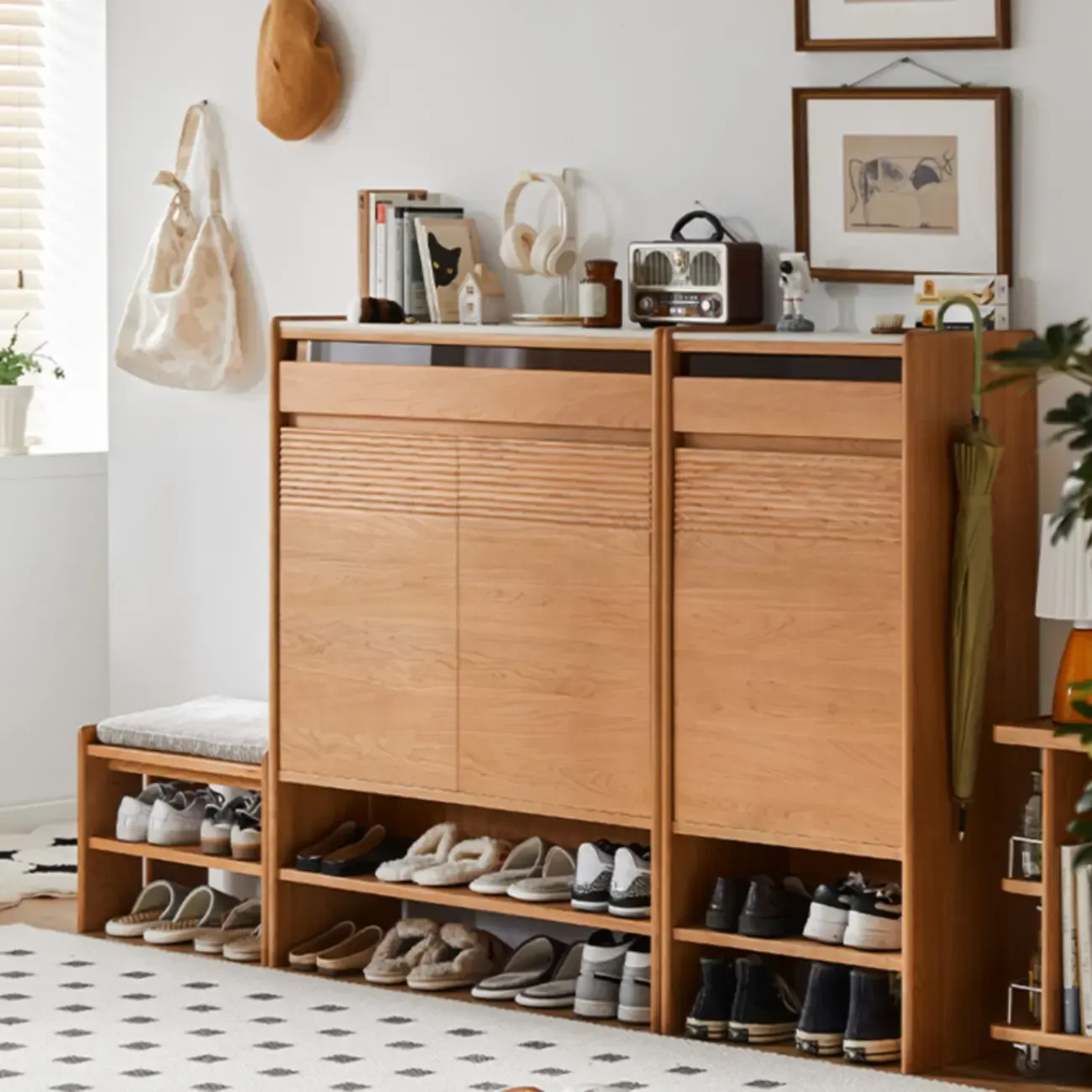 Entryway Cherry Solid Wood Shoe Organizer Cabinet Image - 1