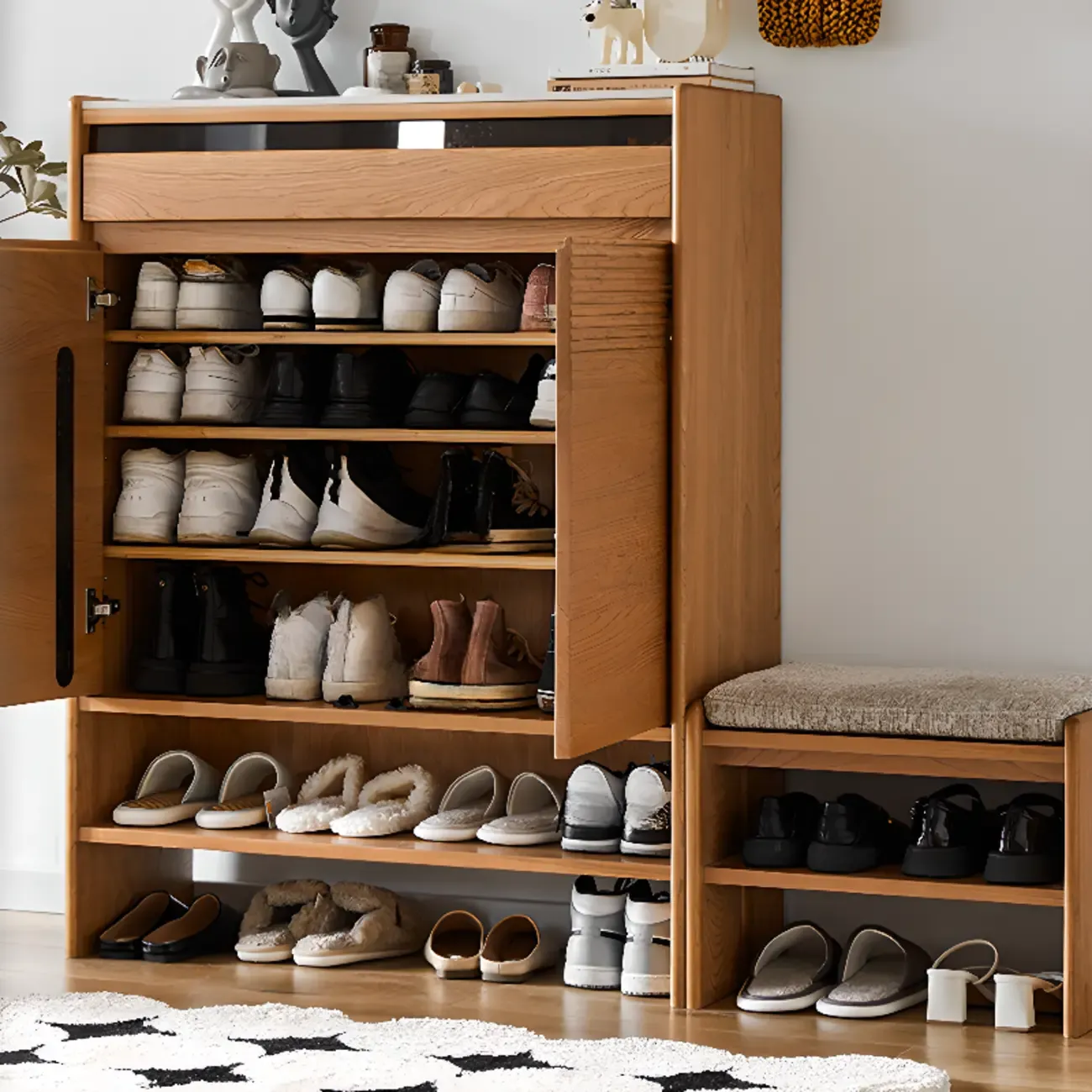 Entryway Cherry Solid Wood Shoe Organizer Cabinet Image - 11