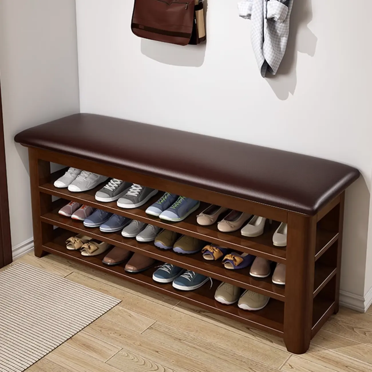 Nut-Brown Wooden Shoe Storage Bench with Leather Cushion Image - 1 | homeyfad