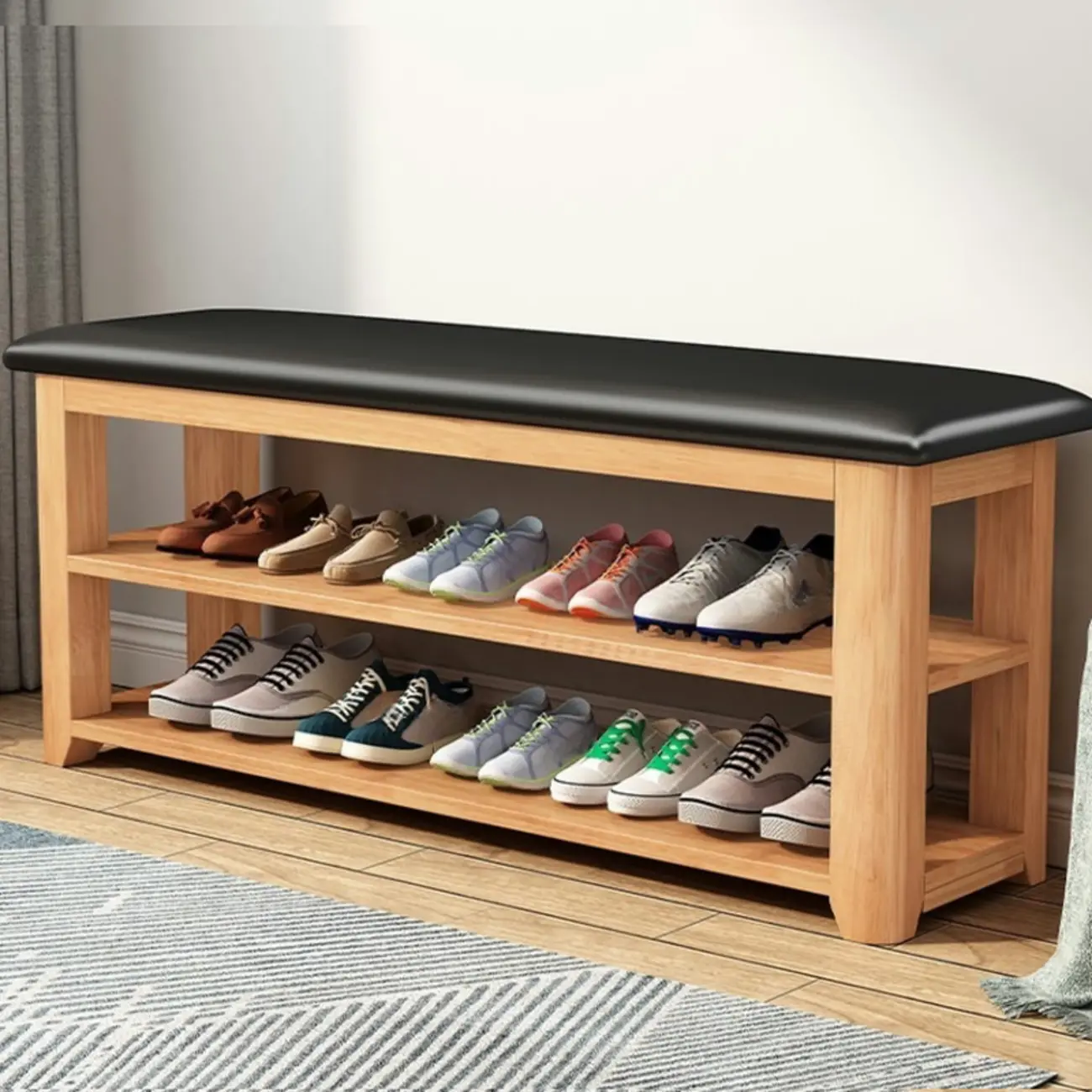Nut-Brown Wooden Shoe Storage Bench with Leather Cushion Image - 2 | homeyfad