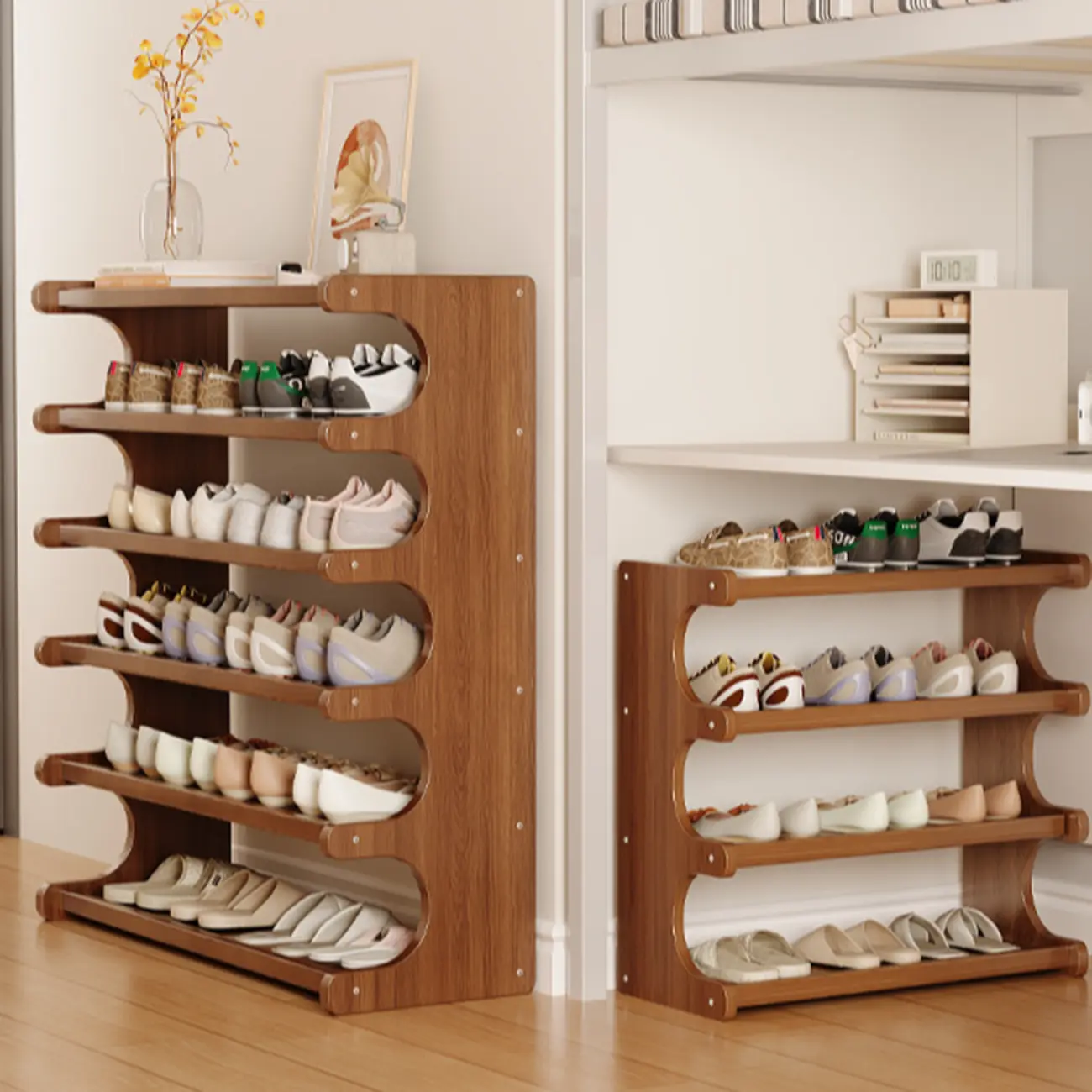 Modern Brown Shoe Rack Solid Wood Organizer Image - 2 | homeyfad