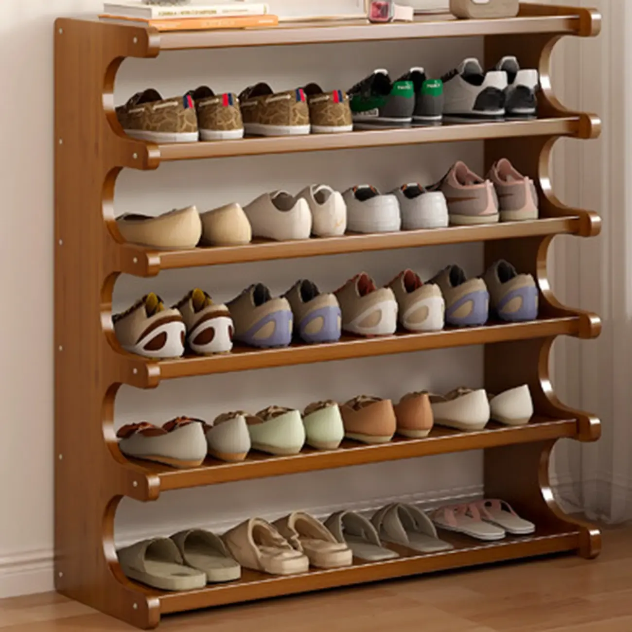 Modern Brown Shoe Rack Solid Wood Organizer Image - 3