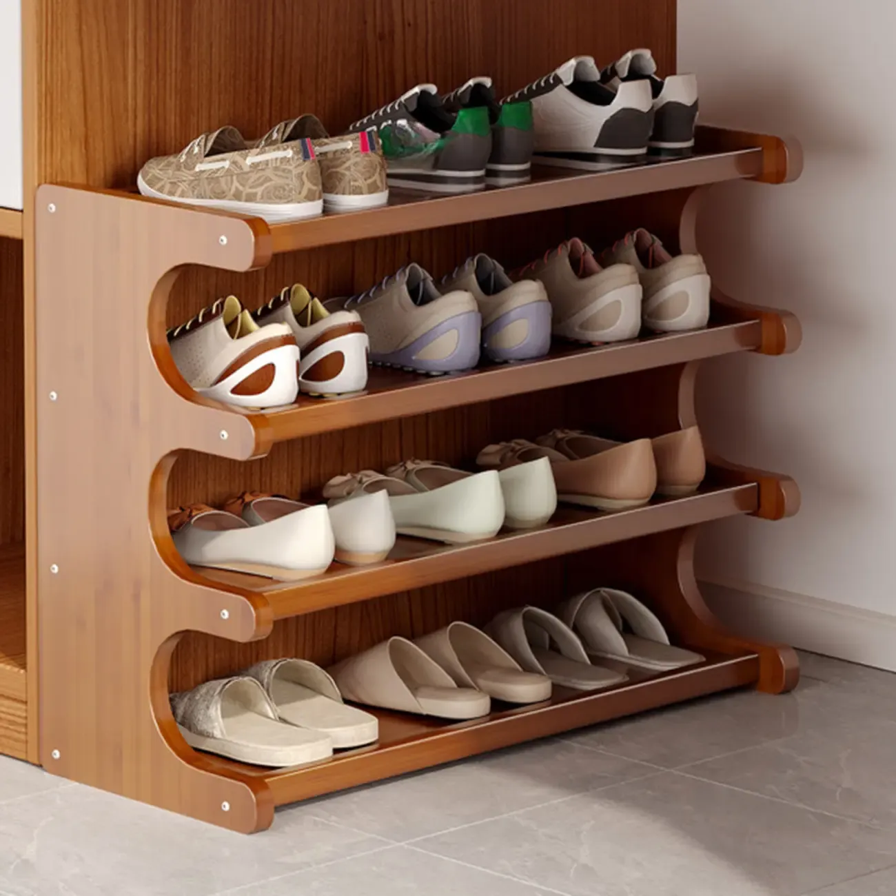 Modern Brown Shoe Rack Solid Wood Organizer Image - 4