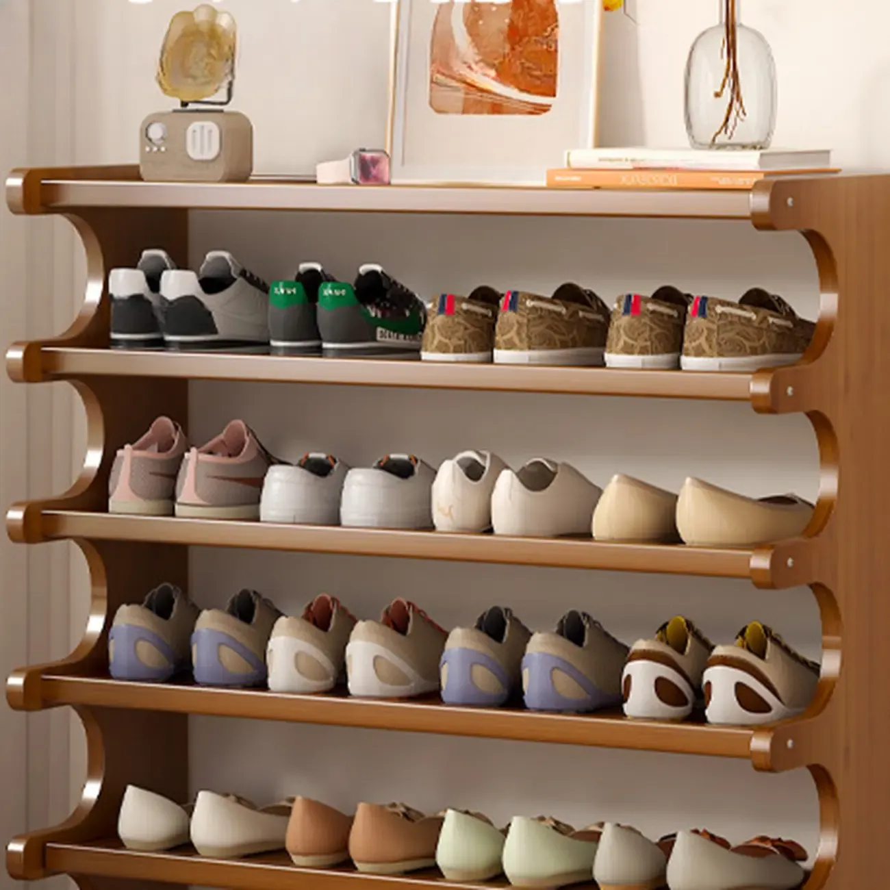 Modern Brown Shoe Rack Solid Wood Organizer Image - 5