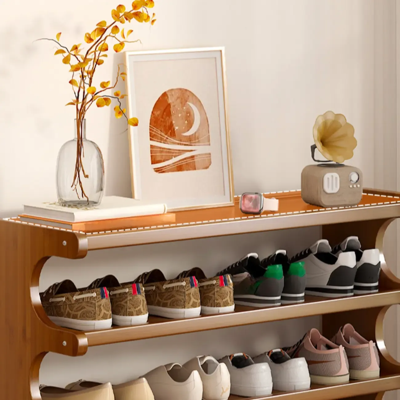 Modern Brown Shoe Rack Solid Wood Organizer Image - 10