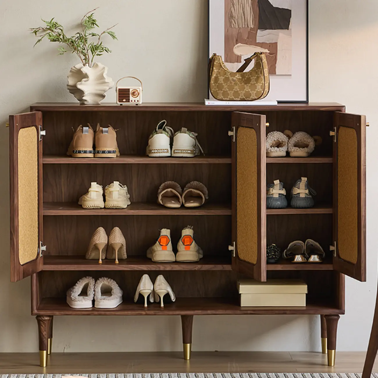 Bohemian Brown Solid Wood Entryway Shoe Cabinet Image - 4 | homeyfad