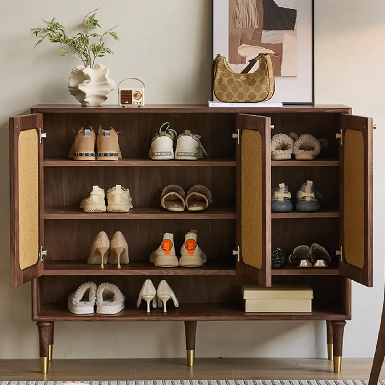 Bohemian Brown Solid Wood Entryway Shoe Cabinet Image - 4