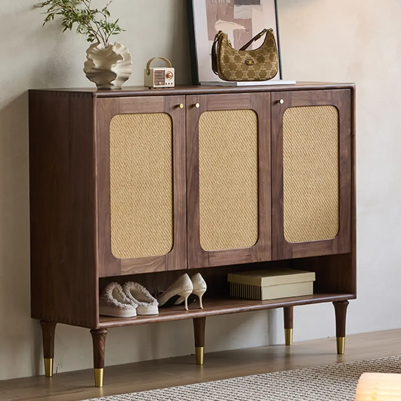 Bohemian Brown Solid Wood Entryway Shoe Cabinet Image - 8