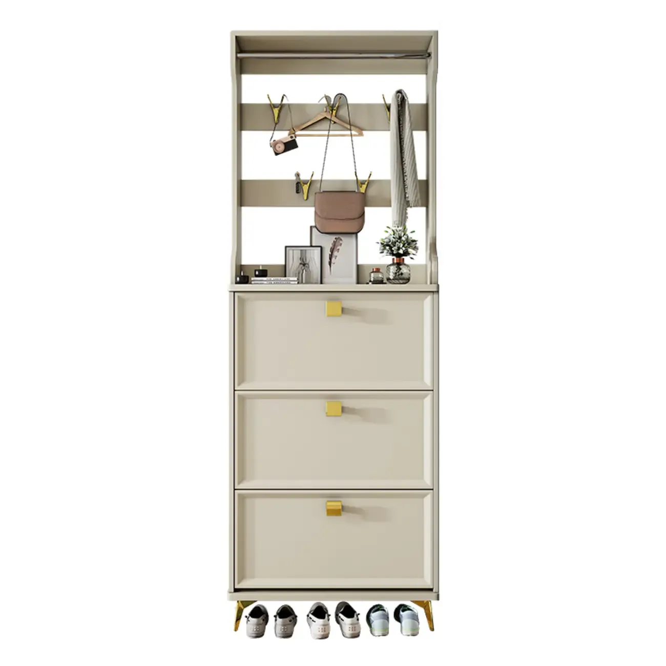 Drop-Front Adjustable Modern White Wood Narrow Shoe Cabinet Image - 5
