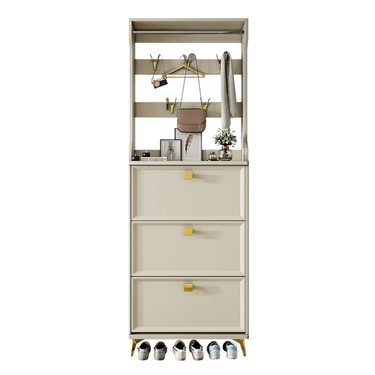 Drop-Front Adjustable Modern White Wood Narrow Shoe Cabinet Image - 6