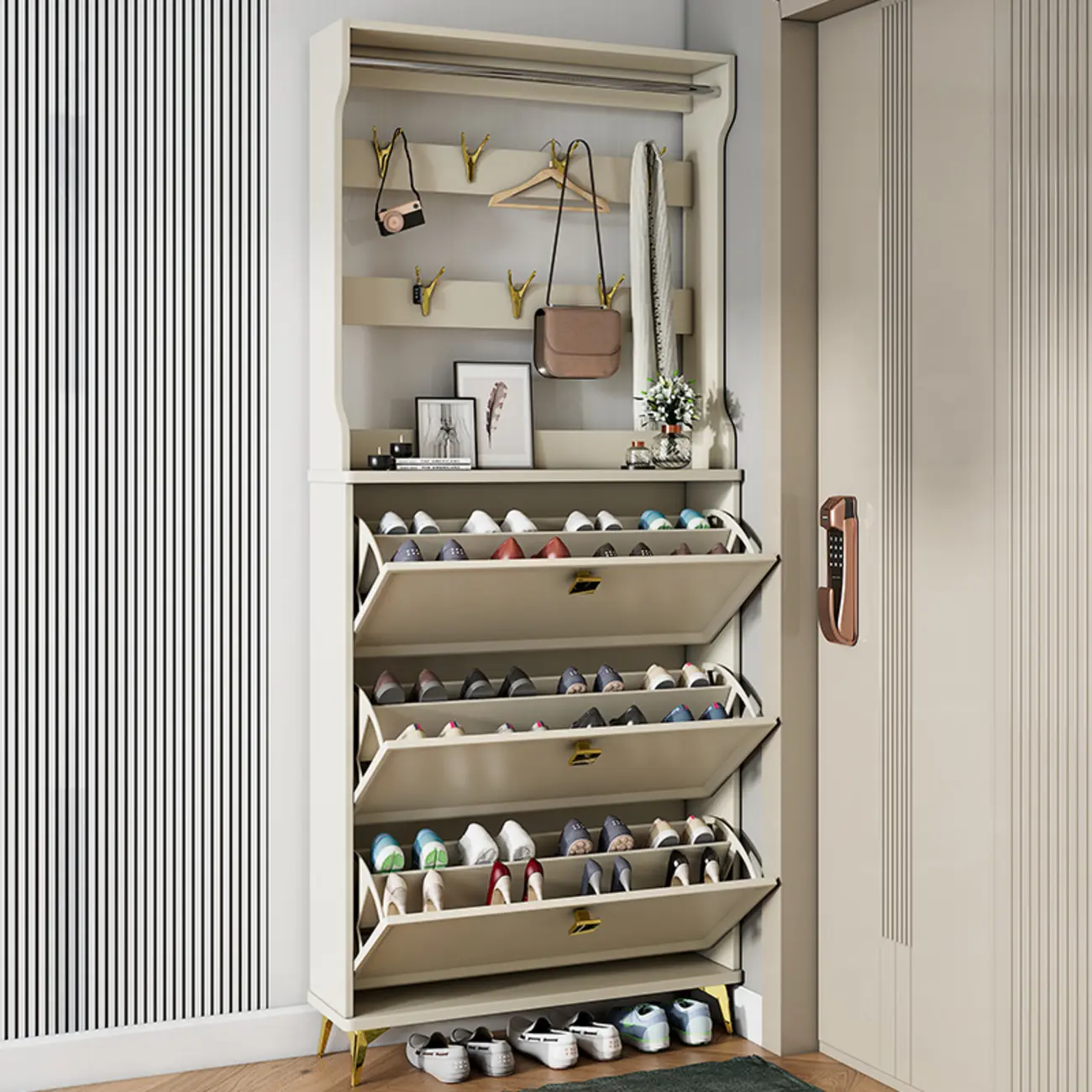 Drop-Front Adjustable Modern White Wood Narrow Shoe Cabinet Image - 2 | homeyfad