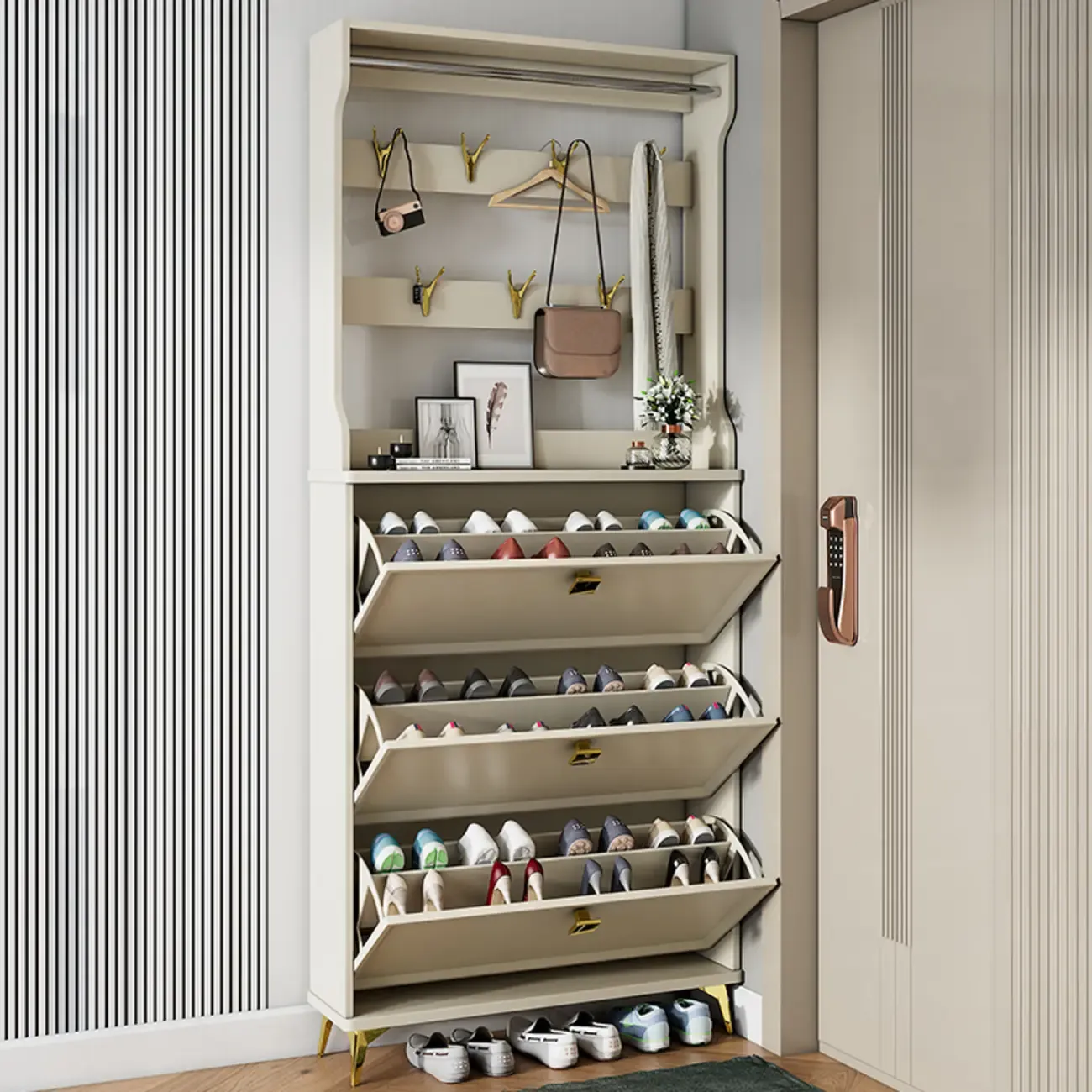 Drop-Front Adjustable Modern White Wood Narrow Shoe Cabinet Image - 2