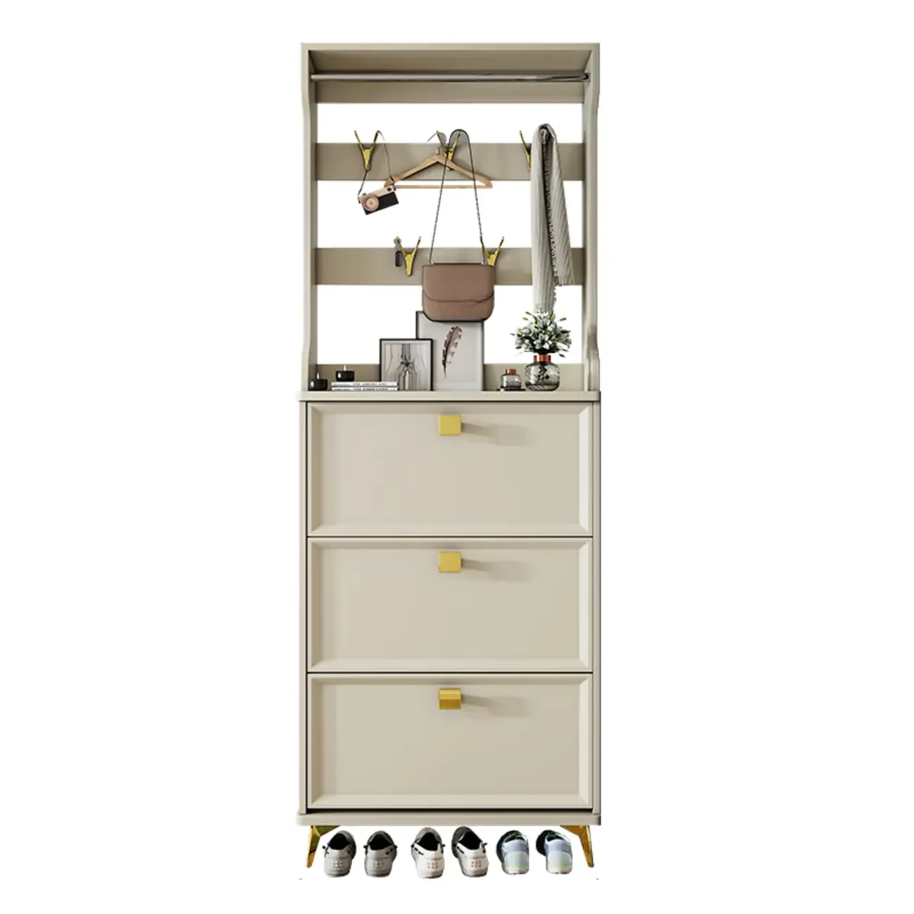 Drop-Front Adjustable Modern White Wood Narrow Shoe Cabinet Image - 7
