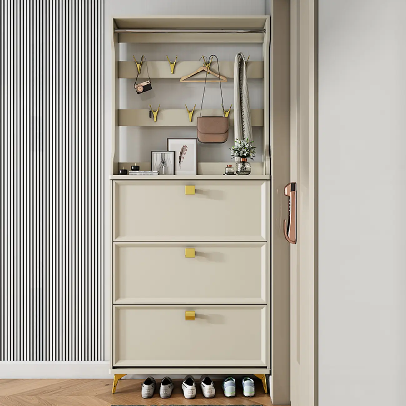 Drop-Front Adjustable Modern White Wood Narrow Shoe Cabinet Image - 4 | homeyfad