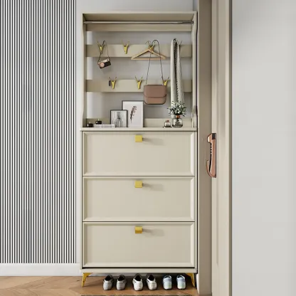 Drop-Front Adjustable Modern White Wood Narrow Shoe Cabinet Image - 4