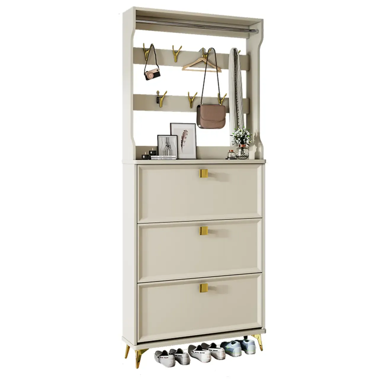 Drop-Front Adjustable Modern White Wood Narrow Shoe Cabinet Image - 8