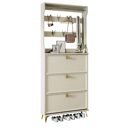 Drop-Front Adjustable Modern White Wood Narrow Shoe Cabinet Image - 8