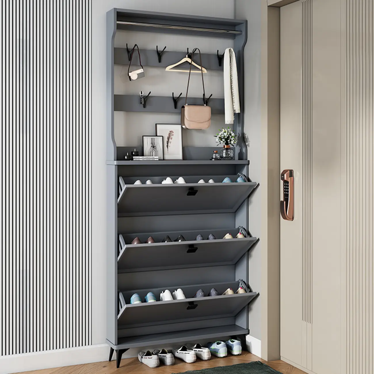 Drop-Front Adjustable Modern White Wood Narrow Shoe Cabinet Image - 3 | homeyfad