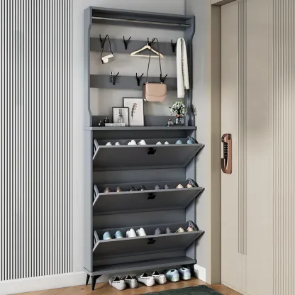 Drop-Front Adjustable Modern White Wood Narrow Shoe Cabinet Image - 3