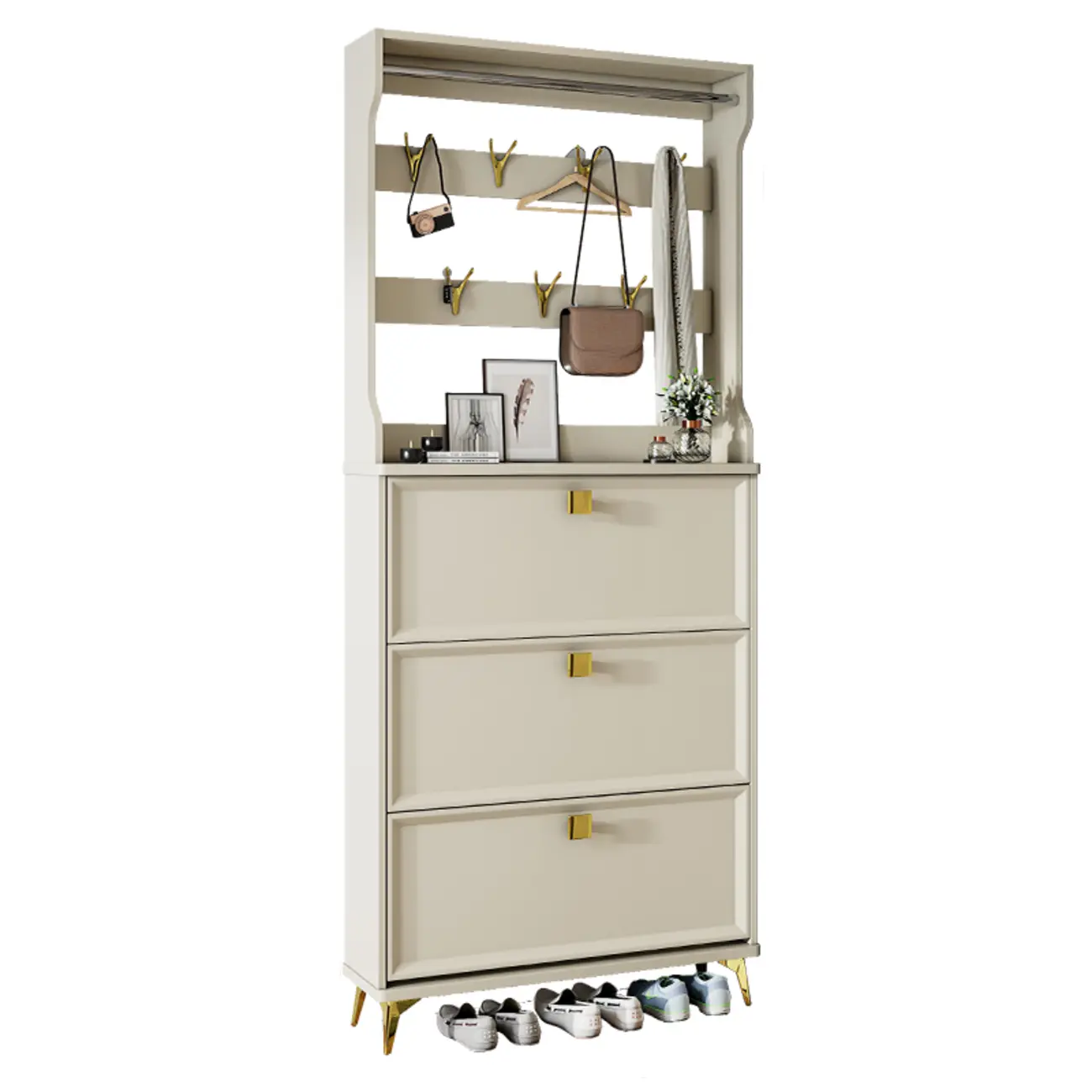 Drop-Front Adjustable Modern White Wood Narrow Shoe Cabinet Image - 10 | homeyfad
