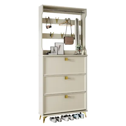 Drop-Front Adjustable Modern White Wood Narrow Shoe Cabinet Image - 11
