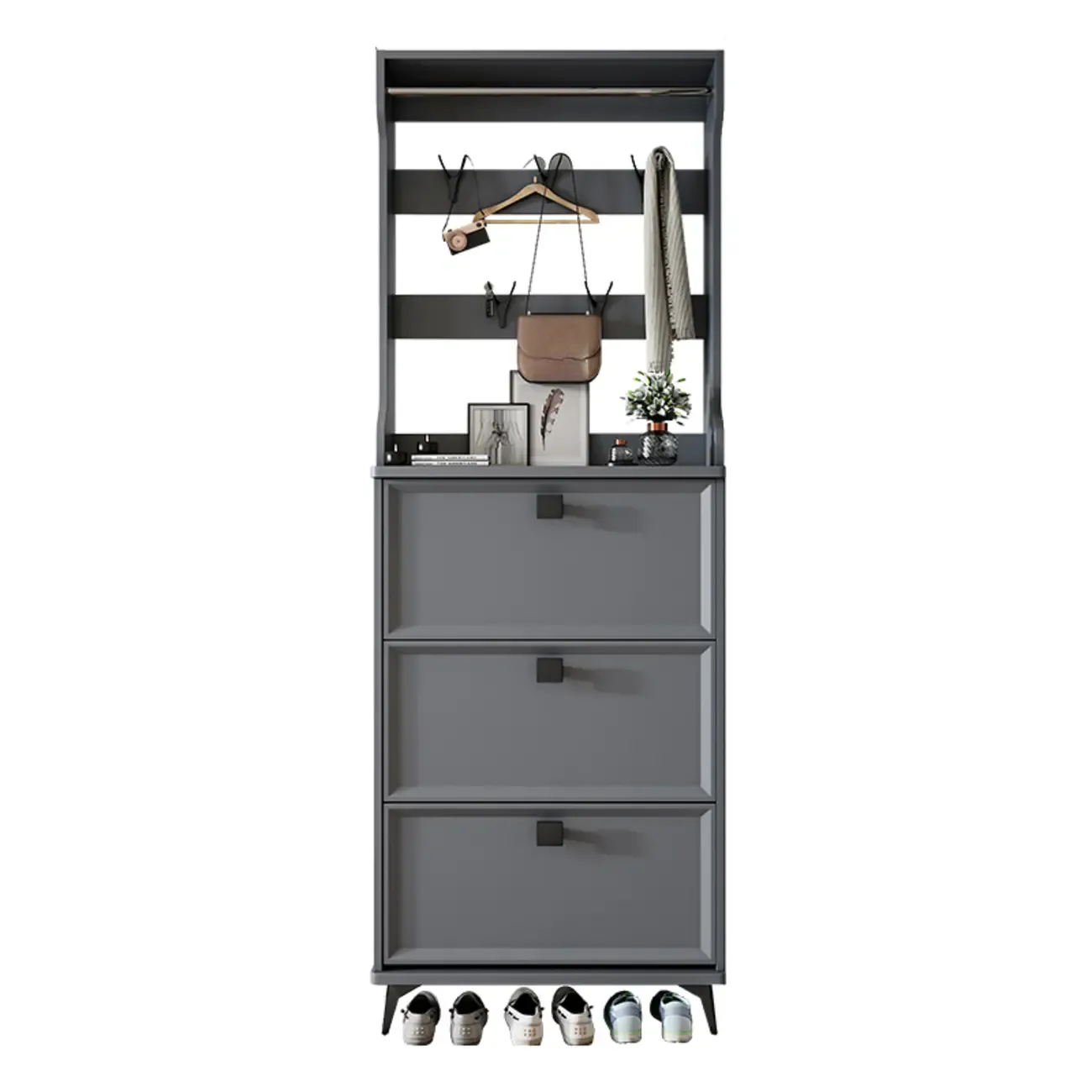 Drop-Front Adjustable Modern White Wood Narrow Shoe Cabinet Image - 15